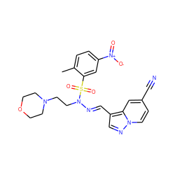 Cc1ccc([N+](=O)[O-])cc1S(=O)(=O)N(CCN1CCOCC1)/N=C/c1cnn2ccc(C#N)cc12 ZINC000082155906