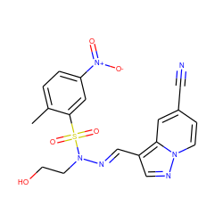 Cc1ccc([N+](=O)[O-])cc1S(=O)(=O)N(CCO)/N=C/c1cnn2ccc(C#N)cc12 ZINC000073197205