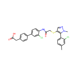 Cc1ccc(-c2c(SCC(=O)Nc3ccc(-c4ccc(CC(=O)O)cc4)cc3Cl)cnn2C)c(Cl)c1 ZINC000044430324