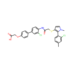 Cc1ccc(-c2c(SCC(=O)Nc3ccc(-c4ccc(OCC(=O)O)cc4)cc3Cl)ccn2C)c(Cl)c1 ZINC000044430514