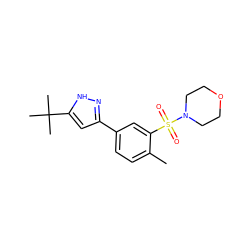 Cc1ccc(-c2cc(C(C)(C)C)[nH]n2)cc1S(=O)(=O)N1CCOCC1 ZINC000040914858