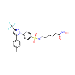 Cc1ccc(-c2cc(C(F)(F)F)nn2-c2ccc(S(=O)(=O)NCCCCCC(=O)NO)cc2)cc1 ZINC001772610161