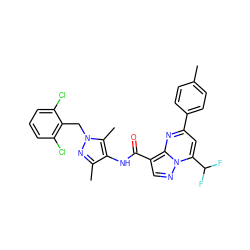 Cc1ccc(-c2cc(C(F)F)n3ncc(C(=O)Nc4c(C)nn(Cc5c(Cl)cccc5Cl)c4C)c3n2)cc1 ZINC000002107799