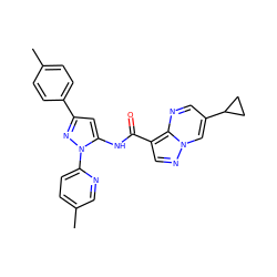 Cc1ccc(-c2cc(NC(=O)c3cnn4cc(C5CC5)cnc34)n(-c3ccc(C)cn3)n2)cc1 ZINC000143369907