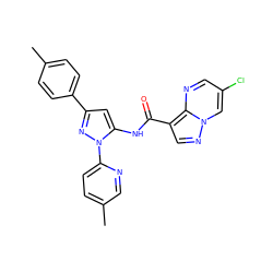 Cc1ccc(-c2cc(NC(=O)c3cnn4cc(Cl)cnc34)n(-c3ccc(C)cn3)n2)cc1 ZINC000143370180