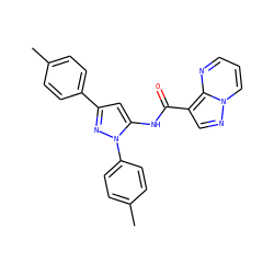 Cc1ccc(-c2cc(NC(=O)c3cnn4cccnc34)n(-c3ccc(C)cc3)n2)cc1 ZINC000143363246