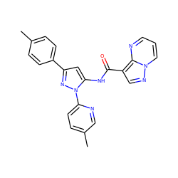 Cc1ccc(-c2cc(NC(=O)c3cnn4cccnc34)n(-c3ccc(C)cn3)n2)cc1 ZINC000143371249