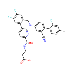 Cc1ccc(-c2ccc(NCc3cc(F)c(F)cc3-c3ccc(C(=O)NCCC(=O)O)nc3)cc2C#N)c(F)c1 ZINC000148655973