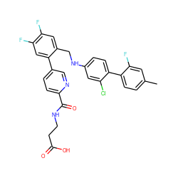 Cc1ccc(-c2ccc(NCc3cc(F)c(F)cc3-c3ccc(C(=O)NCCC(=O)O)nc3)cc2Cl)c(F)c1 ZINC000149066300