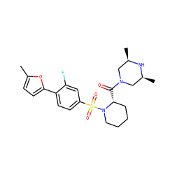 Cc1ccc(-c2ccc(S(=O)(=O)N3CCCC[C@H]3C(=O)N3C[C@H](C)N[C@H](C)C3)cc2F)o1 ZINC000040935130