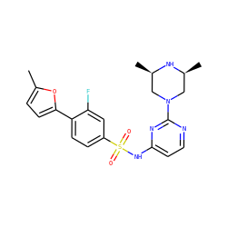 Cc1ccc(-c2ccc(S(=O)(=O)Nc3ccnc(N4C[C@H](C)N[C@H](C)C4)n3)cc2F)o1 ZINC000095598584