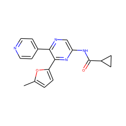 Cc1ccc(-c2nc(NC(=O)C3CC3)cnc2-c2ccncc2)o1 ZINC000035000261