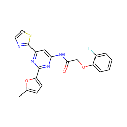 Cc1ccc(-c2nc(NC(=O)COc3ccccc3F)cc(-c3nccs3)n2)o1 ZINC000029041622