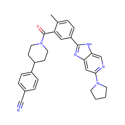 Cc1ccc(-c2nc3cc(N4CCCC4)ncc3[nH]2)cc1C(=O)N1CCC(c2ccc(C#N)cc2)CC1 ZINC000095585388