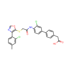 Cc1ccc(-c2ncoc2SCC(=O)Nc2ccc(-c3ccc(CC(=O)O)cc3)cc2Cl)c(Cl)c1 ZINC000044430382