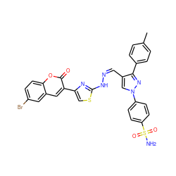 Cc1ccc(-c2nn(-c3ccc(S(N)(=O)=O)cc3)cc2/C=N\Nc2nc(-c3cc4cc(Br)ccc4oc3=O)cs2)cc1 ZINC000653864160