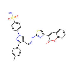 Cc1ccc(-c2nn(-c3ccc(S(N)(=O)=O)cc3)cc2/C=N\Nc2nc(-c3cc4ccccc4oc3=O)cs2)cc1 ZINC000653861799