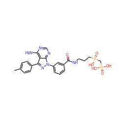 Cc1ccc(-c2nn(-c3cccc(C(=O)NCCC[P@](=O)(O)CP(=O)(O)O)c3)c3ncnc(N)c23)cc1 ZINC000042201523