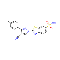 Cc1ccc(-c2nn(-c3nc4ccc(S(N)(=O)=O)cc4s3)cc2C#N)cc1 ZINC000299841203