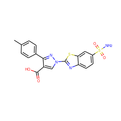 Cc1ccc(-c2nn(-c3nc4ccc(S(N)(=O)=O)cc4s3)cc2C(=O)O)cc1 ZINC000299838570