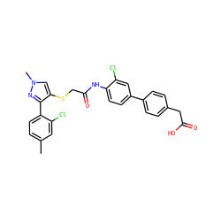 Cc1ccc(-c2nn(C)cc2SCC(=O)Nc2ccc(-c3ccc(CC(=O)O)cc3)cc2Cl)c(Cl)c1 ZINC000042852764