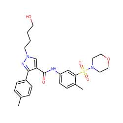 Cc1ccc(-c2nn(CCCCO)cc2C(=O)Nc2ccc(C)c(S(=O)(=O)N3CCOCC3)c2)cc1 ZINC000169340220