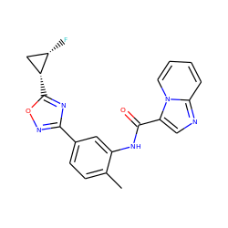 Cc1ccc(-c2noc([C@@H]3C[C@@H]3F)n2)cc1NC(=O)c1cnc2ccccn12 ZINC000206128757