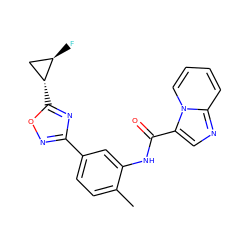 Cc1ccc(-c2noc([C@@H]3C[C@H]3F)n2)cc1NC(=O)c1cnc2ccccn12 ZINC000144068356