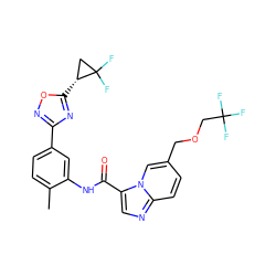 Cc1ccc(-c2noc([C@@H]3CC3(F)F)n2)cc1NC(=O)c1cnc2ccc(COCC(F)(F)F)cn12 ZINC000206106668