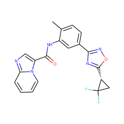 Cc1ccc(-c2noc([C@@H]3CC3(F)F)n2)cc1NC(=O)c1cnc2ccccn12 ZINC000206105924