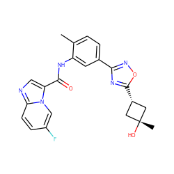 Cc1ccc(-c2noc([C@H]3C[C@@](C)(O)C3)n2)cc1NC(=O)c1cnc2ccc(F)cn12 ZINC001772622959