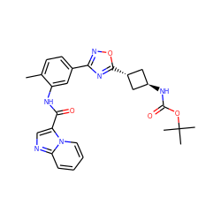 Cc1ccc(-c2noc([C@H]3C[C@H](NC(=O)OC(C)(C)C)C3)n2)cc1NC(=O)c1cnc2ccccn12 ZINC001772637789