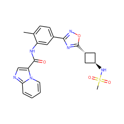 Cc1ccc(-c2noc([C@H]3C[C@H](NS(C)(=O)=O)C3)n2)cc1NC(=O)c1cnc2ccccn12 ZINC001772574656