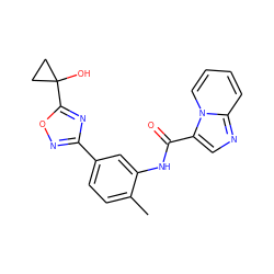 Cc1ccc(-c2noc(C3(O)CC3)n2)cc1NC(=O)c1cnc2ccccn12 ZINC000206118222