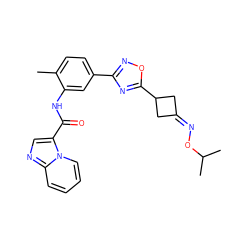 Cc1ccc(-c2noc(C3CC(=NOC(C)C)C3)n2)cc1NC(=O)c1cnc2ccccn12 ZINC000206427446