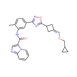 Cc1ccc(-c2noc(C3CC(=NOCC4CC4)C3)n2)cc1NC(=O)c1cnc2ccccn12 ZINC000206427395