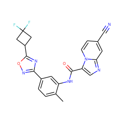 Cc1ccc(-c2noc(C3CC(F)(F)C3)n2)cc1NC(=O)c1cnc2cc(C#N)ccn12 ZINC000206136088