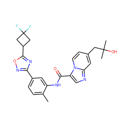 Cc1ccc(-c2noc(C3CC(F)(F)C3)n2)cc1NC(=O)c1cnc2cc(CC(C)(C)O)ccn12 ZINC000206114690