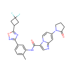 Cc1ccc(-c2noc(C3CC(F)(F)C3)n2)cc1NC(=O)c1cnc2cc(N3CCCC3=O)ccn12 ZINC000206117526