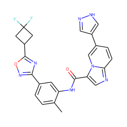 Cc1ccc(-c2noc(C3CC(F)(F)C3)n2)cc1NC(=O)c1cnc2ccc(-c3cn[nH]c3)cn12 ZINC000206118816