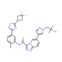 Cc1ccc(-c2noc(C3CC(F)(F)C3)n2)cc1NC(=O)c1cnc2ccc(-c3cnn(CC(C)(C)O)c3)cn12 ZINC000206120599