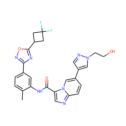 Cc1ccc(-c2noc(C3CC(F)(F)C3)n2)cc1NC(=O)c1cnc2ccc(-c3cnn(CCO)c3)cn12 ZINC000206126107