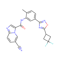 Cc1ccc(-c2noc(C3CC(F)(F)C3)n2)cc1NC(=O)c1cnc2ccc(C#N)cn12 ZINC000206112393