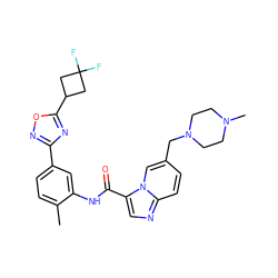 Cc1ccc(-c2noc(C3CC(F)(F)C3)n2)cc1NC(=O)c1cnc2ccc(CN3CCN(C)CC3)cn12 ZINC000206125318