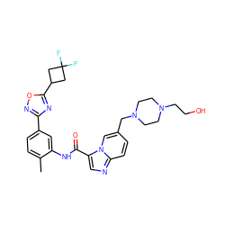 Cc1ccc(-c2noc(C3CC(F)(F)C3)n2)cc1NC(=O)c1cnc2ccc(CN3CCN(CCO)CC3)cn12 ZINC000206121301