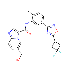 Cc1ccc(-c2noc(C3CC(F)(F)C3)n2)cc1NC(=O)c1cnc2ccc(CO)cn12 ZINC000206115138