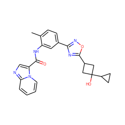 Cc1ccc(-c2noc(C3CC(O)(C4CC4)C3)n2)cc1NC(=O)c1cnc2ccccn12 ZINC000206109701