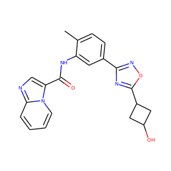 Cc1ccc(-c2noc(C3CC(O)C3)n2)cc1NC(=O)c1cnc2ccccn12 ZINC000206111153