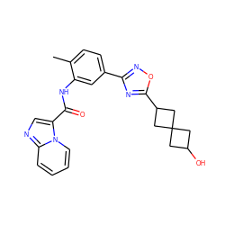 Cc1ccc(-c2noc(C3CC4(CC(O)C4)C3)n2)cc1NC(=O)c1cnc2ccccn12 ZINC000206112438