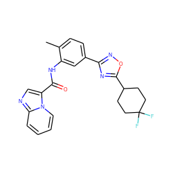 Cc1ccc(-c2noc(C3CCC(F)(F)CC3)n2)cc1NC(=O)c1cnc2ccccn12 ZINC000206137898